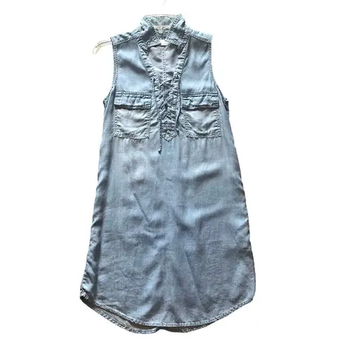 SO  Brand DENIM DRESS Womens XS Sleeveless Criss Cross Tie Front Pockets Collar