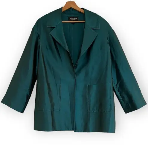 St. John COUTURE Sharkskin Silk Wool Blend Teal Open Front Jacket Blazer Size 8