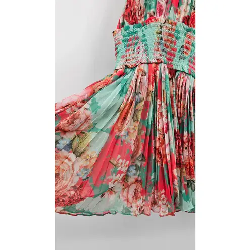 Rococo Sand Pleated Floral Mini Dress Womens Size Small NEW Green