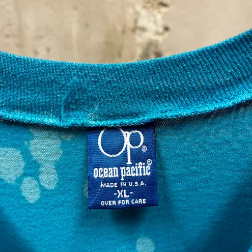 Ocean Pacific Vintage 1980s Teal Blue Boxy Distressed Double Sided T-Shirt XL