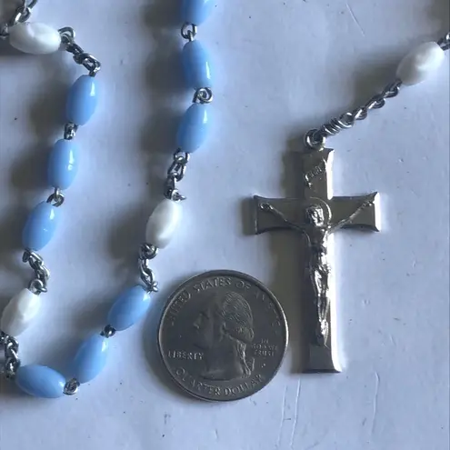 Vintage Blue  & White Silver Tone Religious Crucifix Catholic Rosary Necklace