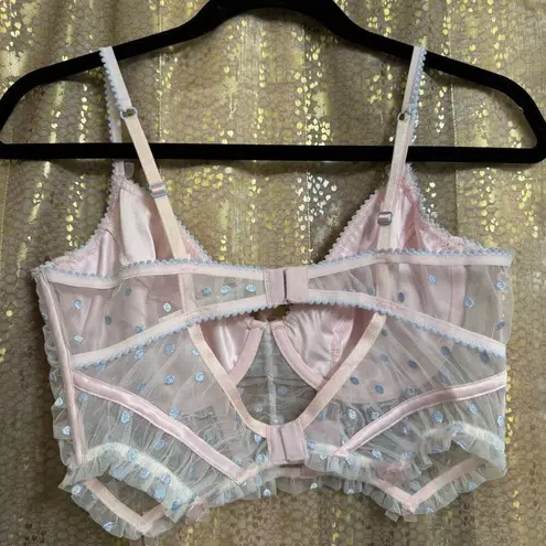 VS For Love & Lemons Foil Rose Pink Blue Sheer Mesh Bustier Coquette Top Large