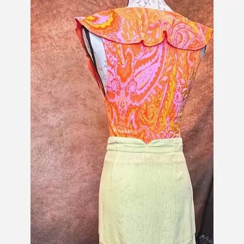 Free People  Linen Rayon Poppy Flounce Slit Midi Skirt Citron size 2