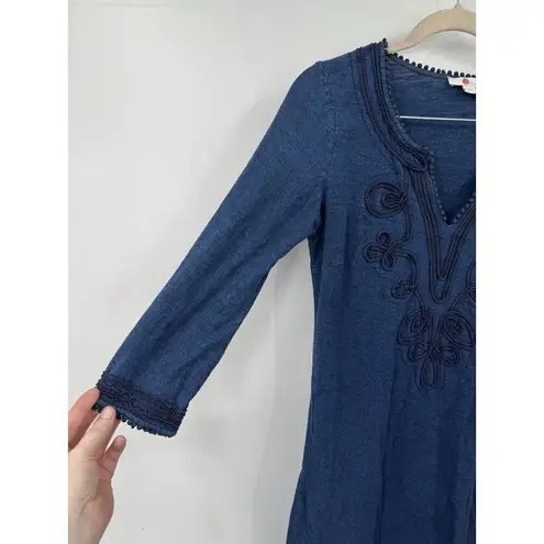 Boden Reanna Jersey Mini Dress Women 6L Indigo Embroidered Bohemian Feminine Blue Size 6