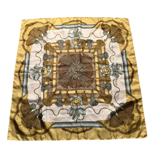 Italian 100% Silk Scarf Baroque Tassel Print Gold Blue Taupe Cream 34" Square