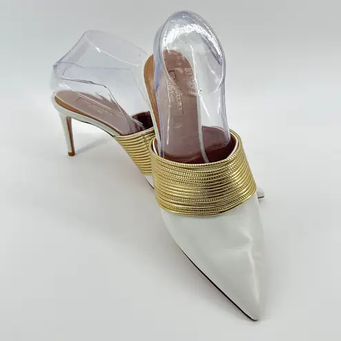 Aquazzura Firenze Rendez Vous 75 White Leather Gold Coil Mule Pumps Size 38.5 Size 8