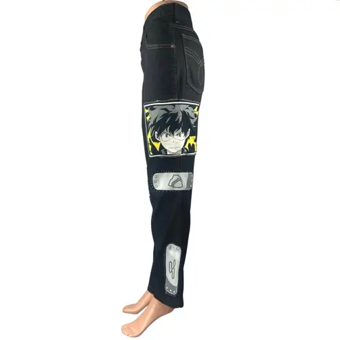 Women's Black Naruto Patchworks High Waisted Straight Leg Denim Jeans Pants 36