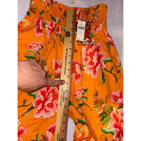 Farm Rio Anthropologie smocked floral wide leg pants Orange Floral resort vacay