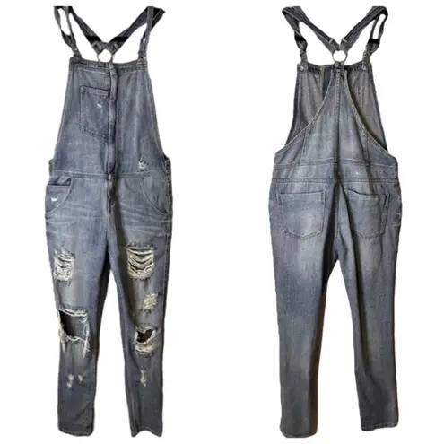 Bullhead Denim Co Bib Overalls Denim Distressed Size Small 100% Cotton Blue