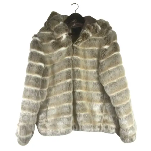 Alpine Studio Women's Faux Fur Coat Jacket Hooded Tan Beige Striped Size Large L Brown