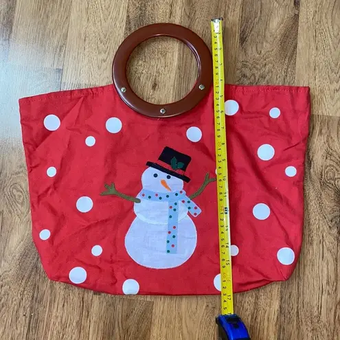 Holiday Time Handbag Red Tote Snowman Applique Round Handles Riveted Bag Polka Dots EUC OS