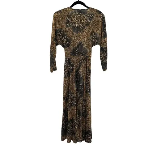 Vintage Bernie Blue Wrap Maxi Dress Structured Shoulders Dolman Sleeve Small Tan