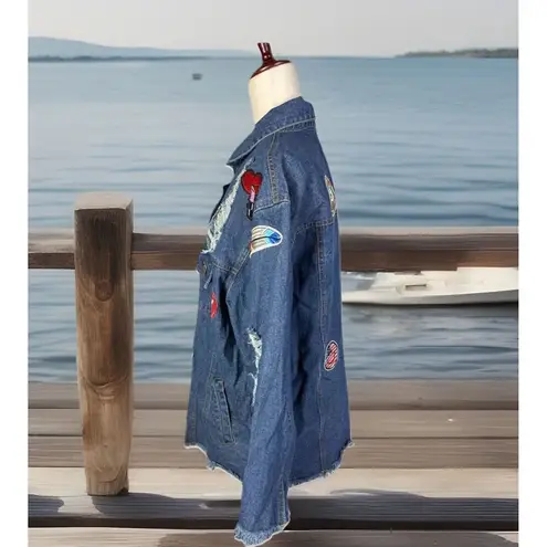 Boho VTG Style Distressed Patched Denim Fringed Raw Hem Oversized Jacket Size S - Image 5