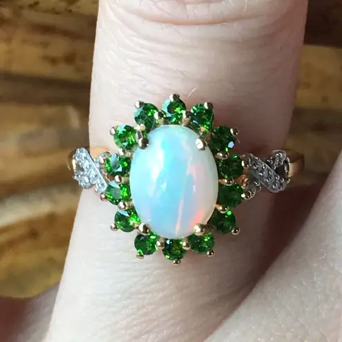 Natural Ethiopian Opal Chrome Diopside Sterling Silver Halo Ring Size 5.75 White