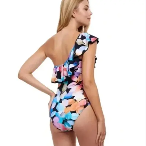 New! Profile by Gottex Color Rush Black Ruffle One Shoulder One Piece Size 12