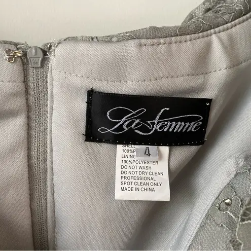 La Femme  27982 Portrait Neck Lace Gown Platinum 4