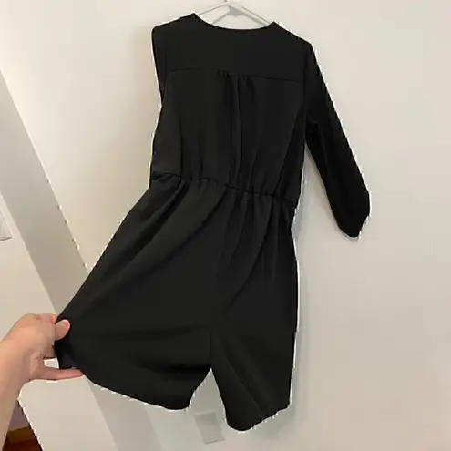 Ny Collection Solid Black Zip Zipper V-Neck Long Sleeve Roll Tab Romper NO BELT