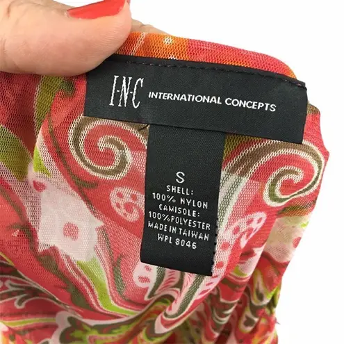 INC sheer nylon bat wing red green top w/ cami S Red