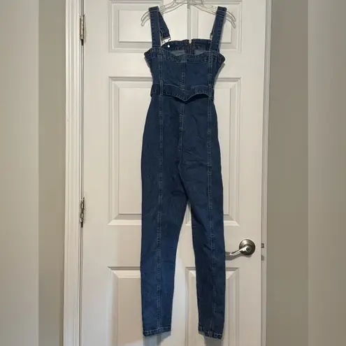 Chocolate USA Women’s Denim Blue Overall Zip Front Belted Jumpsuit Size Small