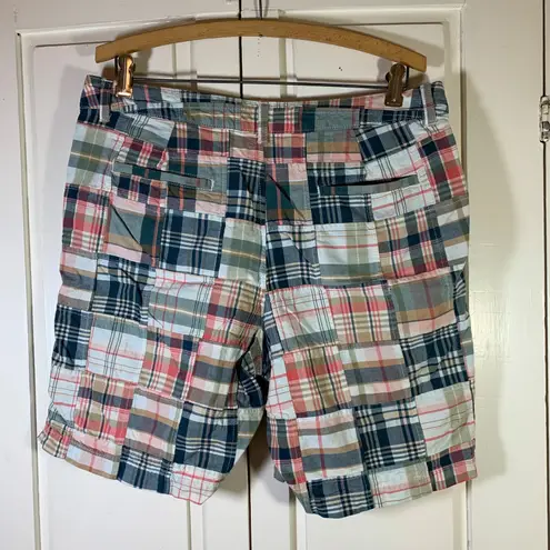 LLBean Favorite Fit Patchwork Plaid Bermuda Shorts Women Size 12 Reg Preppy Blue