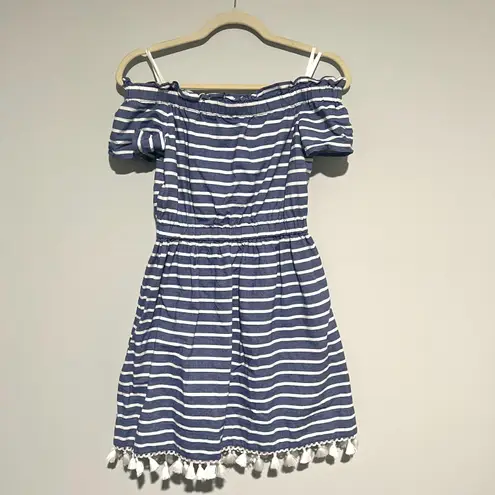 Eliza J Blue White Stripe Tassel Off The Shoulder Dress