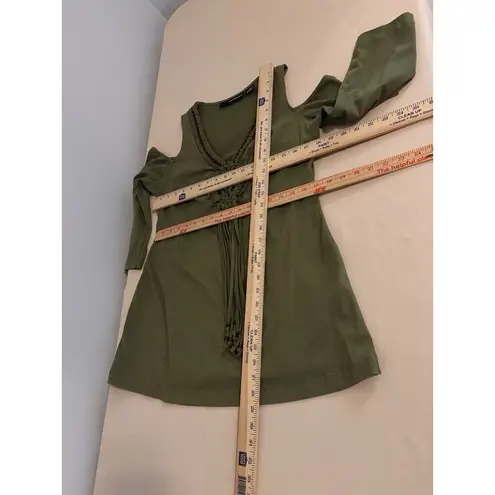 Denim 24/7 Women Top M Pullover Y2K Short Sleeve Elastic Cold Shoulder Embellish Green Size M