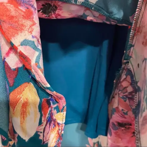 Ny Collection Teal Pink Floral V Neck Dress