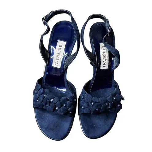 BELTRAMI Suede Sandals Navy Blue 3D Floral Design Sling Back Italy EU 38 US 7.5