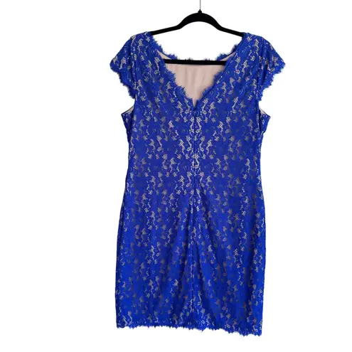Eliza J Royal Blue Lace Cocktail Dress Size 12 Cap Sleeve Scalloped Hem Lined