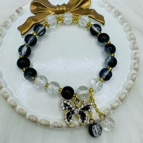 Gradient Black Beaded w/ Sparkly Bow Charm Bracelet