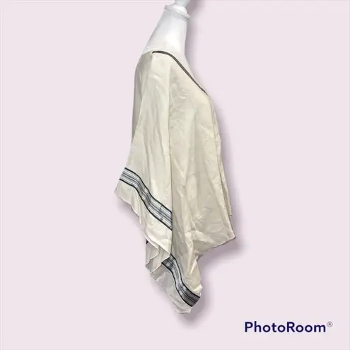 Peck & Peck Cream Linen V-Neck Poncho Top Size L Striped Trim Casual