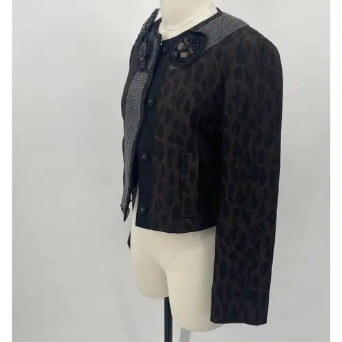 BCBGMAXAZRIA  Blazer Convertible Jeweled Pins Wool Knit Trim Leopard Womens XS