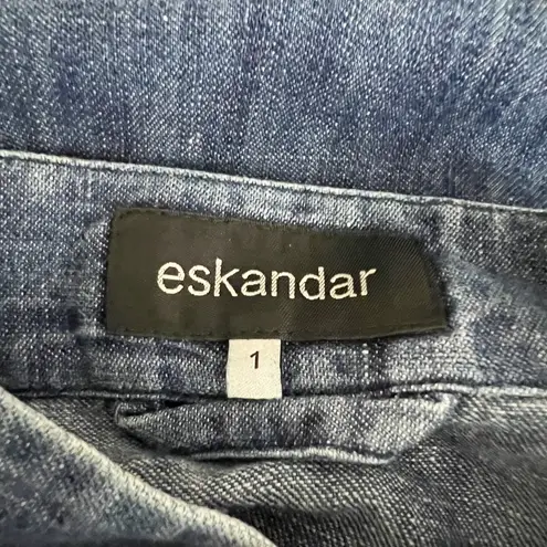 Eskandar Cotton Linen Collar Button Down Pocket Boxy Oversized Denim Jean Blouse