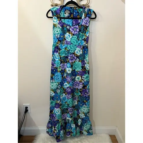 Passport Vintage Hawaiian Butterfly Floral Print Maxi Dress S SEE MEASUREMENTS Blue