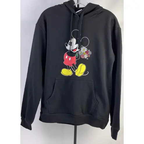 Disney Mickey Mouse Black Hoodie Sweatshirt with Floral Graphic Women's Large