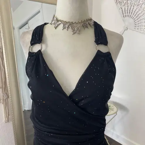Celestial Ethereal Whimsygoth Black Mesh Silver Glitter Halter Prom Dress XS 1/2