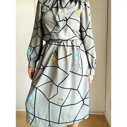 Vintage 80s Day Dress Size Med Grey Graphic Print Midi Length Office Made USA Gray