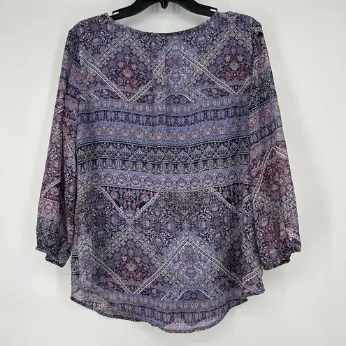 st. john's bay  Boho Peasant Top Blue Pink Mixed Pattern Flowy Tie Neck Size L