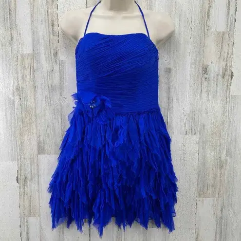 Jovani Y2K ‎ Fairy Winter Ball Dress Womens 2 Blue Silk Feathered Beaded Detail