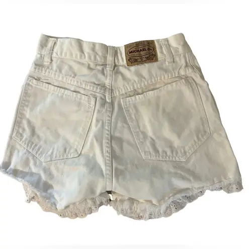 Vintage 90s High Waist Distressed Eyelet Ruffle White Shorts Michael G Size 5
