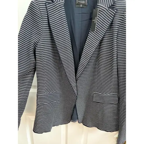 T Tahari Blazer Size 8 Navy Striped Notched Lapel Jacket Pearl Buttons NEW