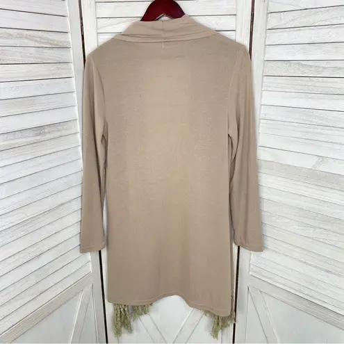 Boho Fringe Hem Waterfall Cardigan Knit Khaki Tan Small Open Front Long Sleeve