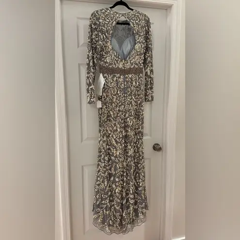 Mac Duggal 4316D Long Sleeve Beaded Formal Black Tie Evening Gown Platinum Gold