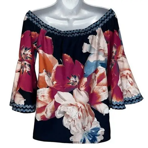 Jealous Tomato On or Off Shoulder Black Floral Belled Sleeve Top NWOT Size Small