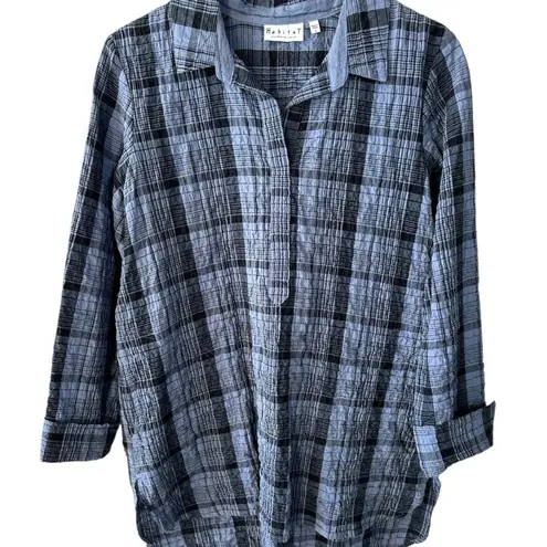 Habitat Blue Plaid Cotton Blend Textured Tunic Top Size Small