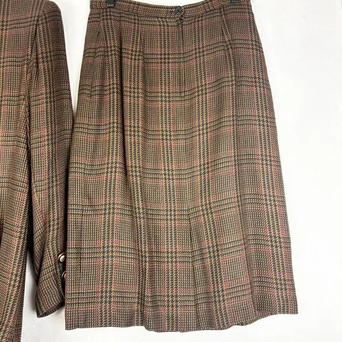 Vintage Houndstooth Plaid Blazer Skirt Suit Size 6 Two Piece Old Money Preppy Brown