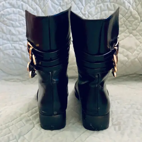 Side Zip Buckle Decoration Short Motorcycle Boots. Black Size 6.5
