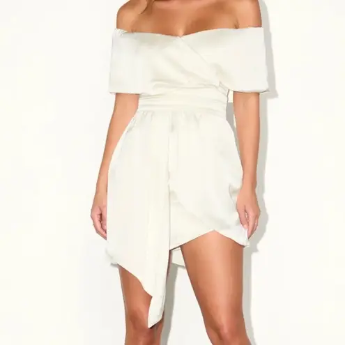 Lulus Always Celebrating Off Shoulder Satin Midi Dress Cocktail Evening NWT Med White