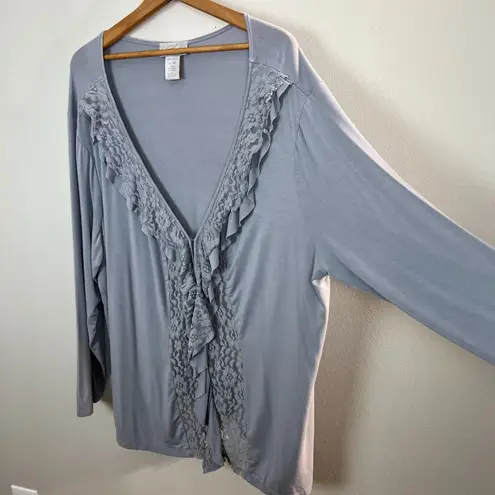 Midnight Velvet Cardigan Top 3X Gray Lace Ruffle Knit V