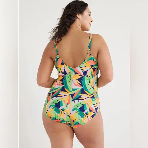 Time and Tru V Wire Detail One Piece Shirred Waist Tropical Swimsuit